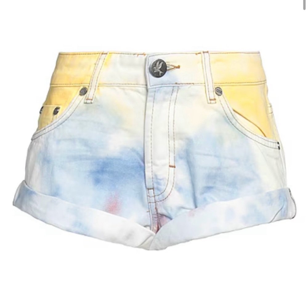 One Teaspoon Blue and Yellow Jean Shorts Distressed Tie-Dye